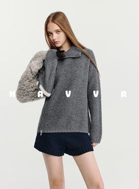 HAVVA斜拉链装饰线高领针织毛衣女空松慵懒舒适上衣2025秋L3-2792