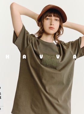 HAVVA美拉德色系松弛感精梳棉刺绣女士短袖T恤2026夏季T3-4046