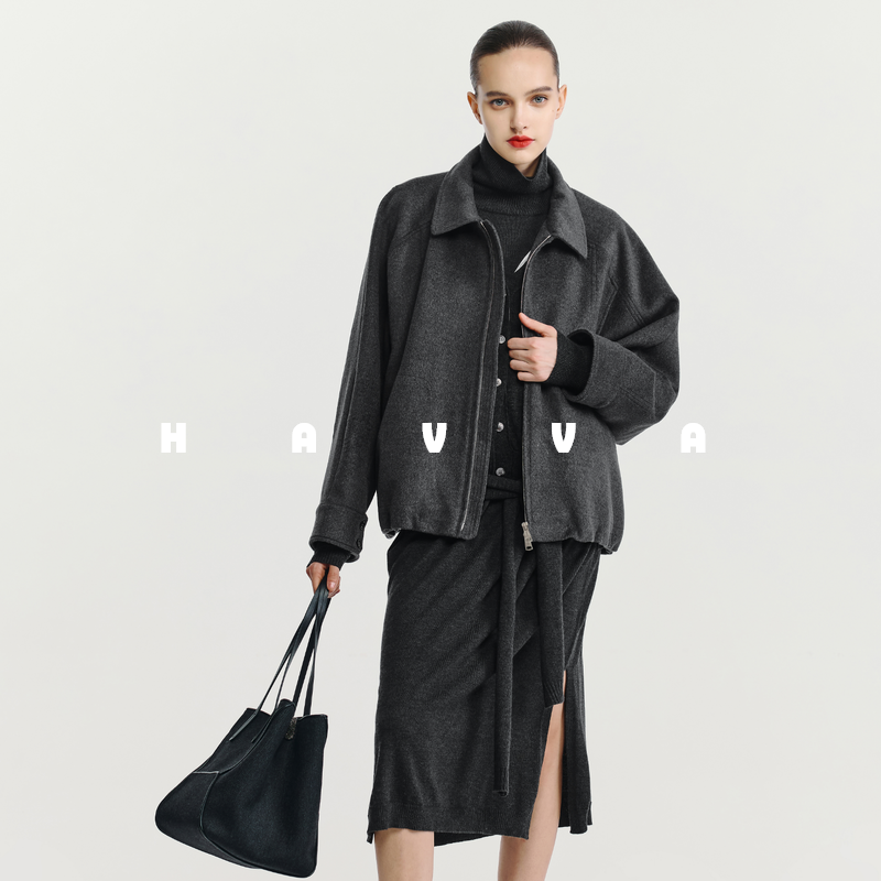HAVVA小众翻领毛呢外套女短款宽松拉链开衫上衣2025冬季N3-4096