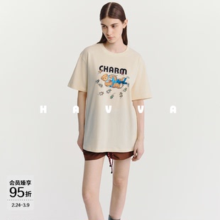 HAVVA印花圆领短袖T恤精梳长绒棉质感女士半袖上衣2026夏T3-1518