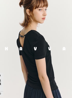 HAVVA极简风V领短袖T恤修身显瘦好穿搭女士针织衫2026夏季T3-3485