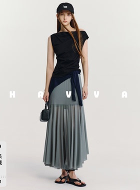 HAVVA芭蕾风大摆裙松紧腰不规则及踝女士网纱半身裙2026夏S3-5960