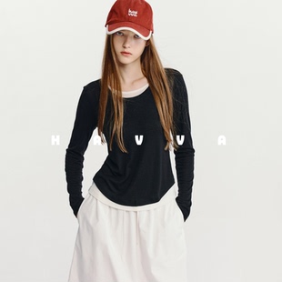 HAVVA假两件长袖 上衣2026年春季 显瘦女套头打底衫 5008 T恤修身