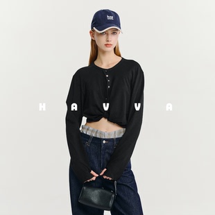 女士套头上衣2026春T3 修身 5003 T恤短款 HAVVA设计感扭结收腰长袖