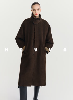 HAVVA高级感立领毛呢大衣带腰带中长款气质女外套2025冬季N3-4119