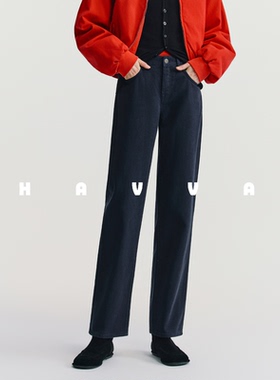 HAVVA加绒加厚直筒牛仔裤女视觉显瘦显腿长裤子2025冬季KH3-3794