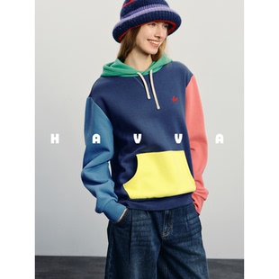 03090 女上衣2026春V3 HAVVA设计感美学拼色连帽卫衣长袖 宽松帽衫