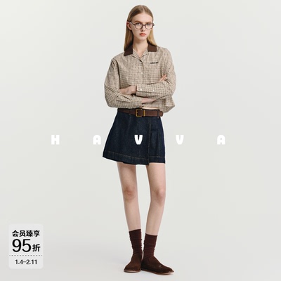 HAVVA格纹毛边长袖衬衫短款女士长绒棉开衫上衣2026春C3-4656
