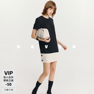 HAVVA天猫专供减龄学院风短款直筒侧口袋短袖连衣裙2026夏Q3-7432
