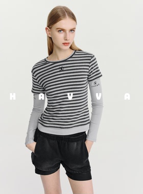 HAVVA设计感假两件条纹长袖T恤修身显瘦女士上衣2026春季T3-4682
