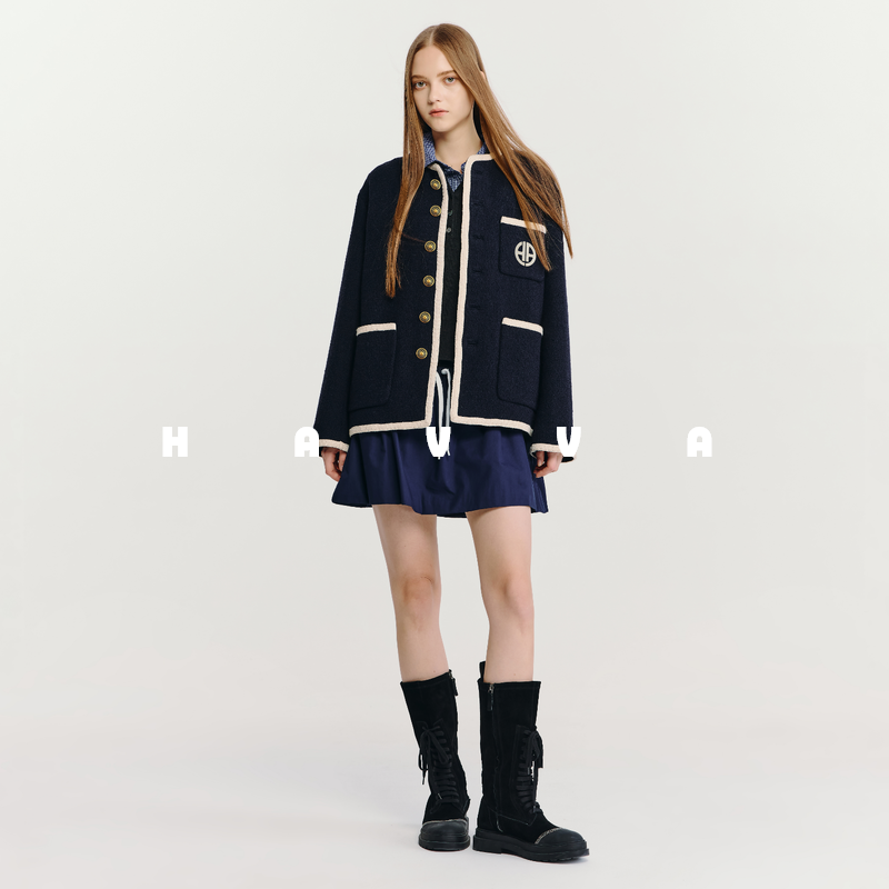 HAVVA设计感拼色短款毛呢外套舒适保暖女士开衫上衣2025冬N3-2891,女装/女士精品,毛呢外套,淘宝优惠券,粉丝福利购,淘宝优惠卷