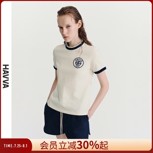 HAVVA美学撞色圆领短袖 1346 T恤字母棉润质感女士上衣2025夏季