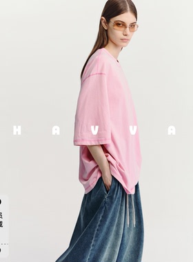 HAVVA手工破洞落肩中长款可下衣失踪宽松短袖T恤2026夏季T3-7030