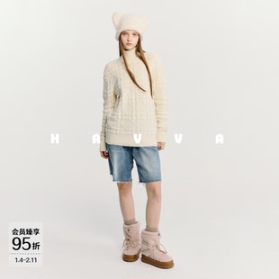 HAVVA半高领格纹绞花针织衫女舒适套头毛衣上衣2025秋冬M3-2690