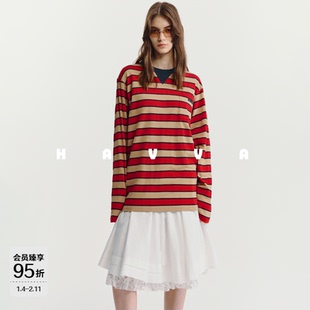 HAVVA美学拼色条纹长袖T恤宽松中长款女士上衣2026春季T3-4330