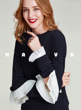 HAVVA设计感拼接喇叭袖短款卫衣舒适显瘦女士上衣2026春季V30854