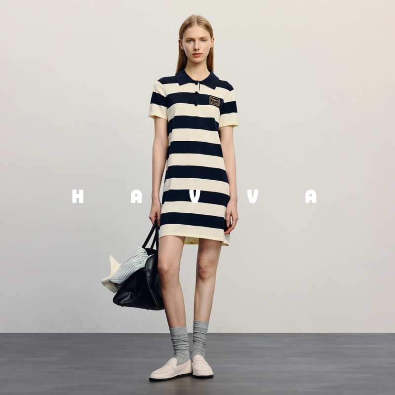 HAVVA条纹Polo领连衣裙短款直筒宽松舒适女士裙子2025夏季Q3-3714