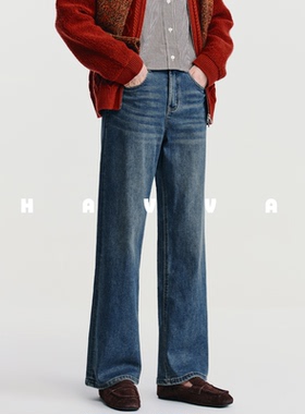 HAVVA高腰直筒加绒加厚牛仔裤舒适女裤子2025年冬季KH3-5175