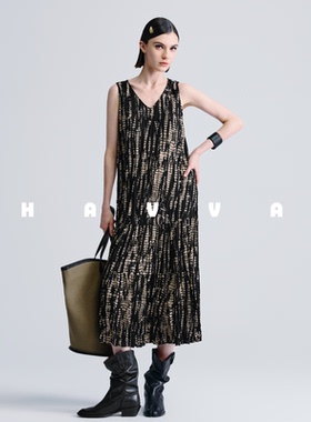 HAVVA自然褶皱无袖V领连衣裙宽松女士中长款裙子2025夏季Q3-3586
