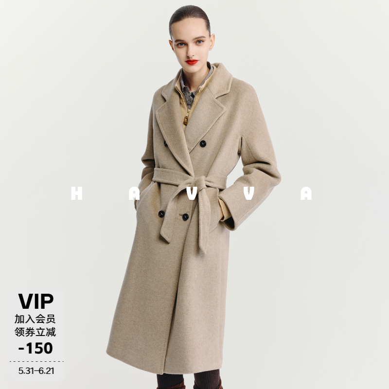 HAVVA翻领廓形100%绵羊毛大衣女士中长款毛呢外套2025冬季N3-2585