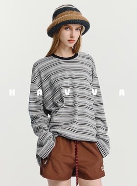 HAVVA经典条纹长袖T恤女宽松舒适长绒棉质感上衣2026春季T3-4331