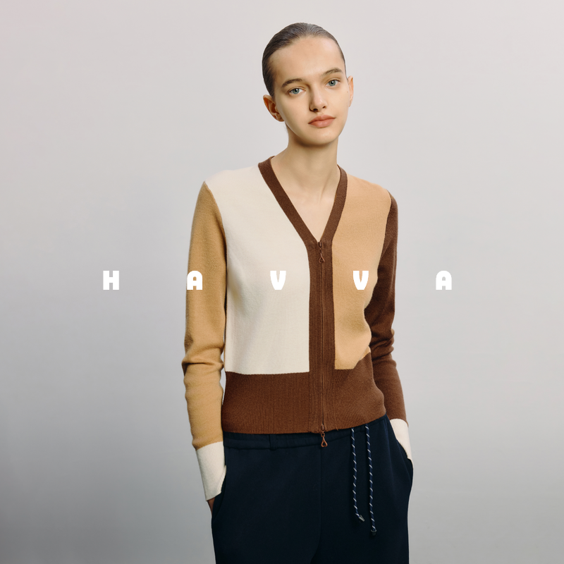 havva拼色针织衫拉链v领