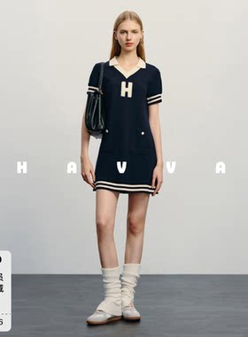 HAVVA天猫专供款撞色短袖连衣裙短款A字修身裙子2026夏季Q2640