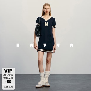 HAVVA天猫专供款撞色短袖连衣裙短款A字修身裙子2026夏季Q2640