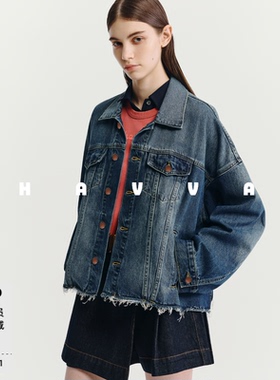 HAVVA下摆毛边剪裁翻领牛仔外套宽松短款女士上衣2026秋季W3-4275