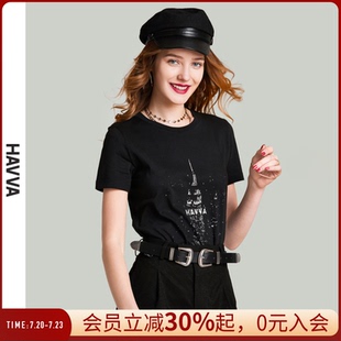 上衣ins潮通勤裝 HAVVA黑色印花短袖 T恤女修身 半袖 T59654 2025夏季
