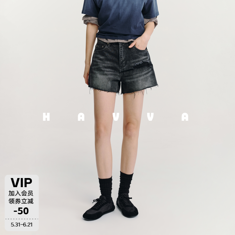 HAVVA辣妹风破洞毛边A字热裤不规则阔腿牛仔短裤2026夏KD3-6063