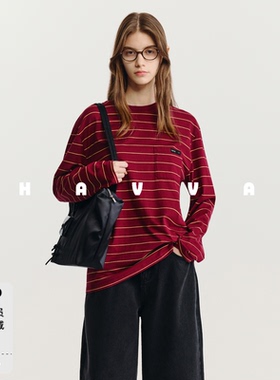 HAVVA经典条纹长袖T恤宽松圆领舒适好穿女士上衣2026春季T3-4327