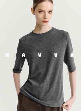 HAVVA圆领五分袖T恤加厚绒感女士半袖打底衫上衣2026春季T3-37480