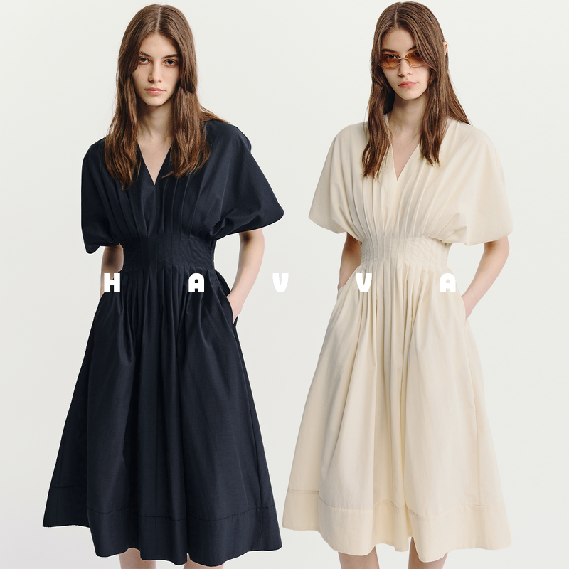 HAVVA法式气质V领A字收腰显瘦短袖连衣裙女士裙子2025夏季Q3-3690