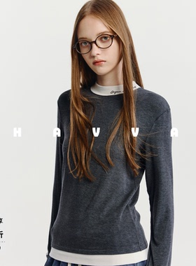 HAVVA撞色设计假两件圆领长袖T恤弹力舒适女士上衣2026春T3-5010