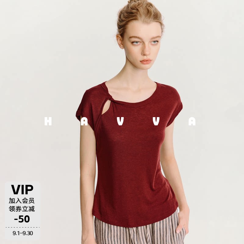 HAVVA镂空扭结圆领短袖T恤弹力舒适显瘦女士上衣2026夏季T3-3475图片