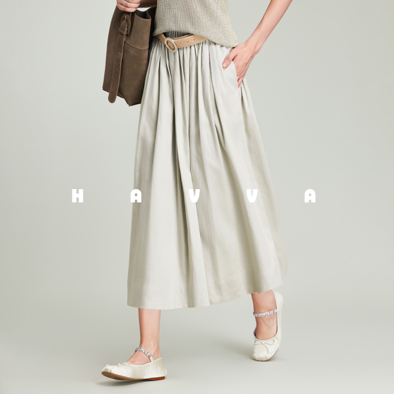 HAVVA莱赛尔天丝A字半身百褶裙松紧腰伞裙女士裙子2025夏S3-3276