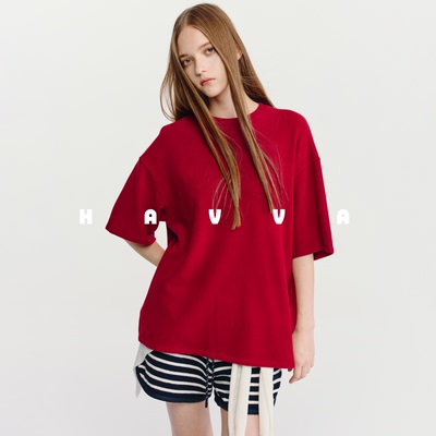 HAVVA【红运好运新年系列】短袖女士加绒加厚T恤2026春季T3-5338