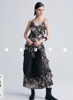 HAVVA层次感荷叶边吊带印花连衣裙长款女士裙子2026夏季Q3-3634