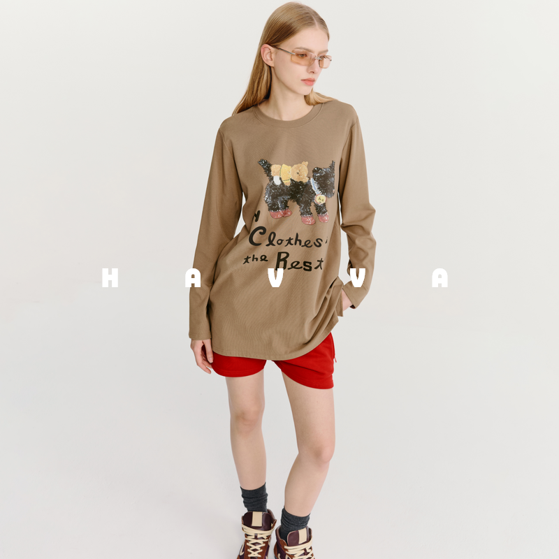 HAVVA减龄卡通印花加绒加厚卫衣女宽松中长款打底衫2025冬V3-3951