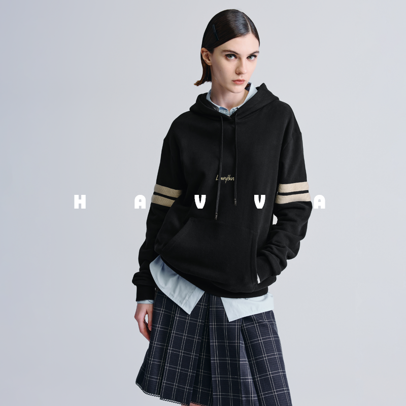 HAVVA美学拼色加绒加厚卫衣宽松连帽慵懒感女士上衣2025冬V3-2930