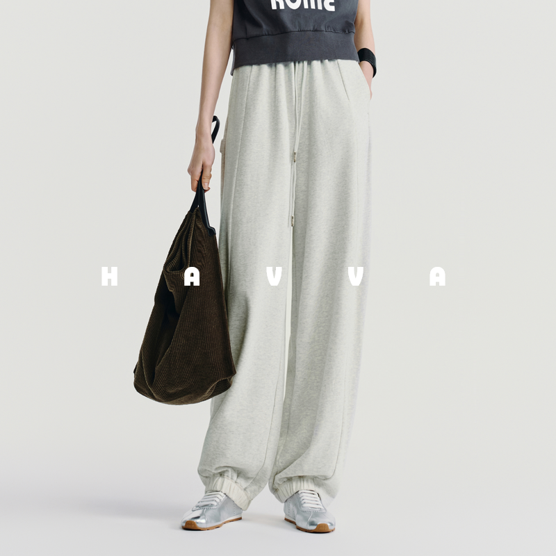 HAVVA松弛感休闲运动卫裤松紧收脚直筒阔腿女裤2025秋冬KX3-3830