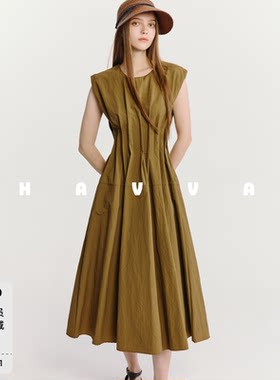 HAVVA极简风无袖圆领压褶收腰连衣裙中长款女士裙子2026夏Q3-3687