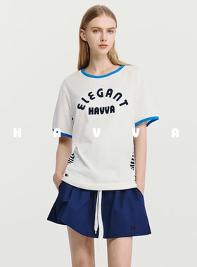HAVVA美学撞色贴布绣短袖T恤舒适长绒棉女士上衣2026春夏T3-1371