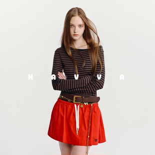 5326 显瘦女打底上衣2026年春T3 HAVVA设计感条纹斜肩长袖 T恤修身