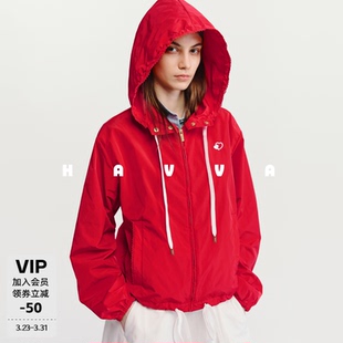 4240 口女士上衣2026春季 HAVVA连帽抽绳拉链门禁短外套松紧袖