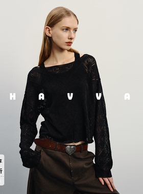 HAVVA镂空圆领罩衫短款宽松透气舒适女士针织衫2026春夏M3-05730