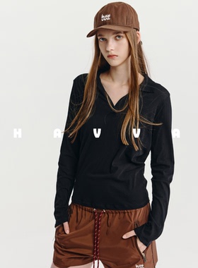 HAVVA慵懒随性翻领V领长袖T恤可内外搭女士上衣2026春季T3-5298