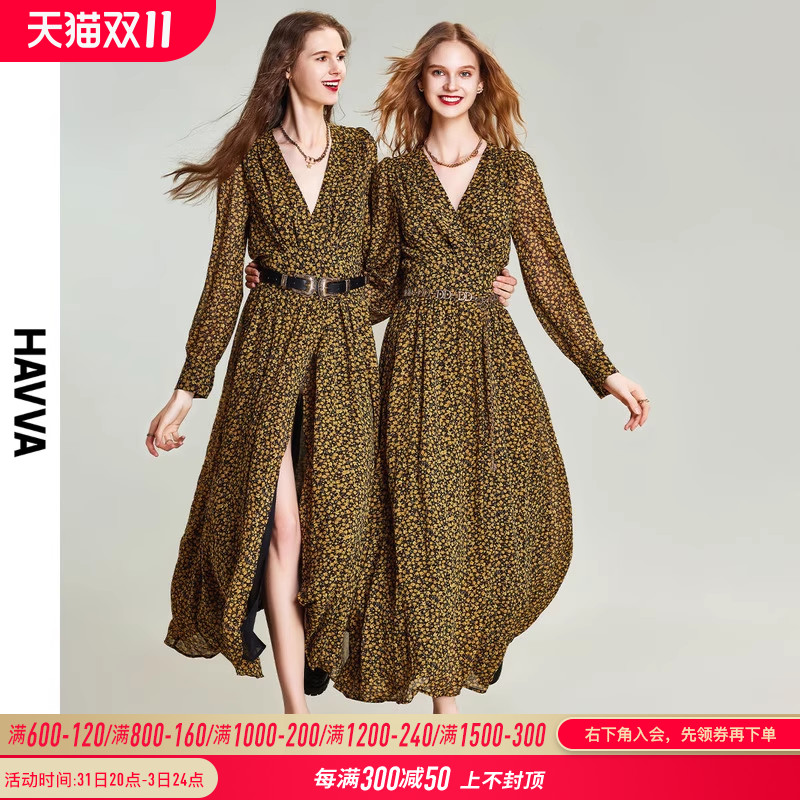HAVVA2023秋新款长袖碎花连衣裙女气质v领高腰法式雪纺裙子Q8048
