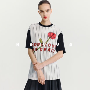 1543 休闲风女士上衣2025夏T3 HAVVA美学拼色条纹半袖 T恤宽松阔版